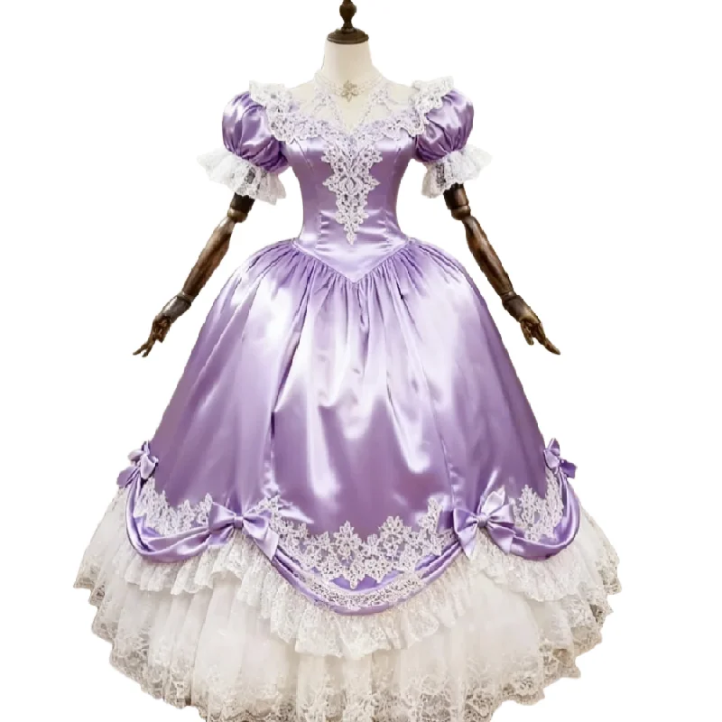 Fantasy Lila Mittelalterliches Abendkleid 2026 Puffärmel Spitze 1860er Ballkleid Satin Zeitlose Renaissance Formelle Verlobungskleider