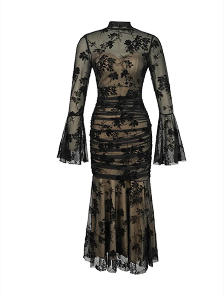 Vestido Largo de Gasa con Cintura Alta y Cola de Sirena, Cierre de Cremallera, Silueta en Forma de H, Estampado Floral...