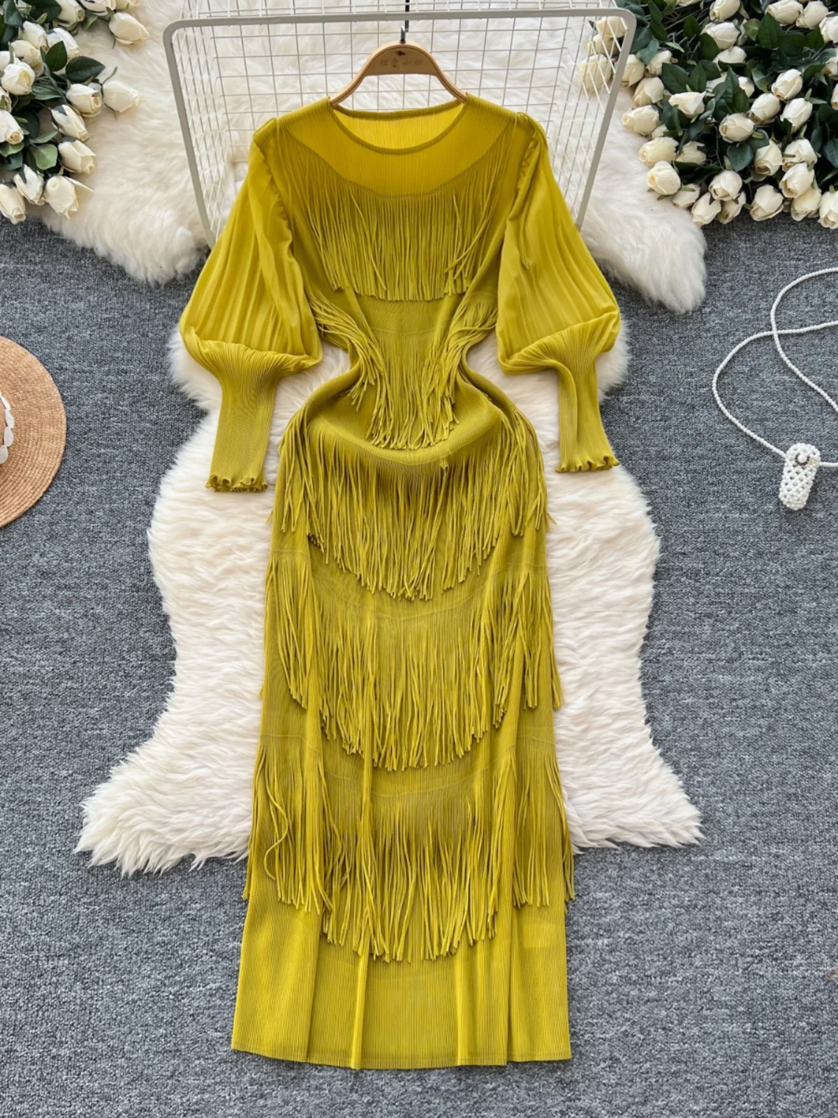 Elegant Lantern Sleeve Dress Women's Autumn High Waist Slim Fit Design Chic Long Skirt Korean Style Commute Polyester Fiber