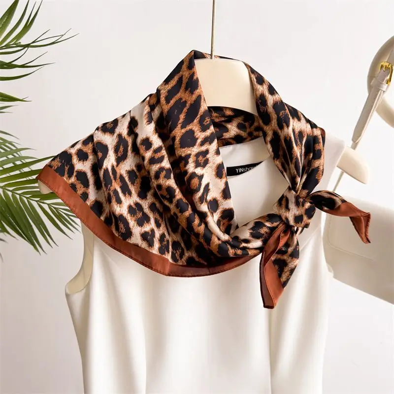 

Fashion 70cm Women Square Scarf Leopard Print Satin Bandana Lady Hair Shawl Wrap Neck Foulard Large Hijab Female Neckerchief