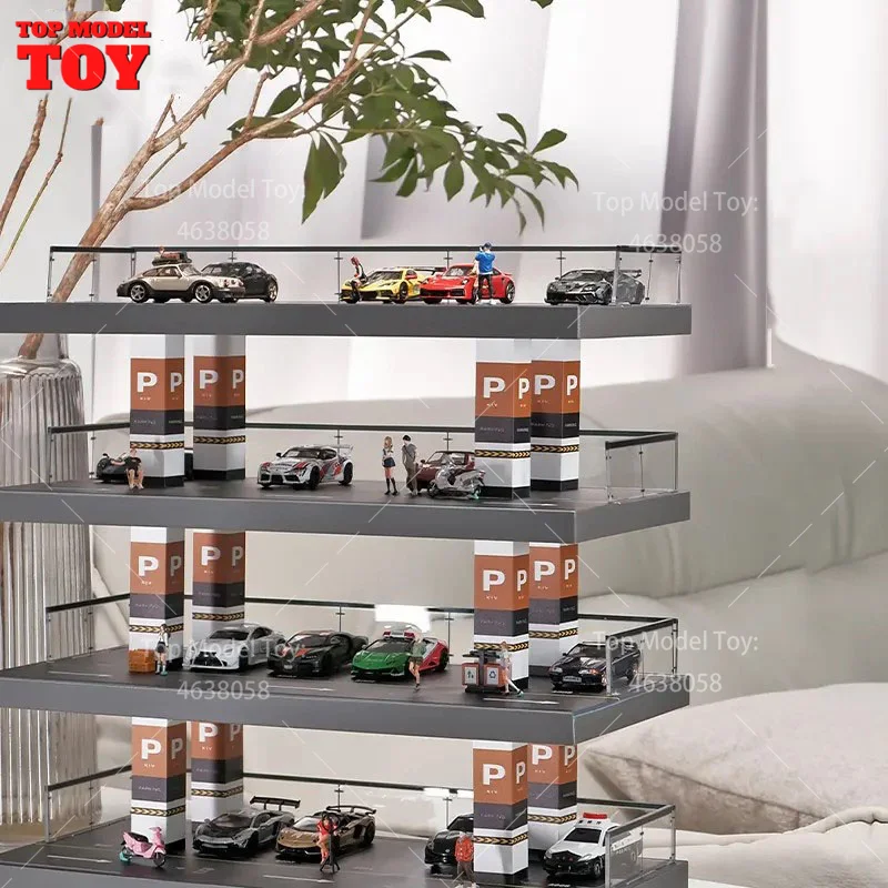 1/64 Scale Simulate Miniature Scene Model 33x32x16cm Four Story Large Open-air Parking Lot Props Solid Wood Diecast Display Case