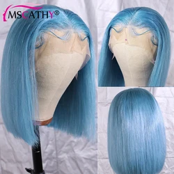 Lace Front Straight Brasileiro Remy Perucas de Cabelo Humano para Mulheres, HD Transparente Lace Frontal Peruca, Curto, Azul Claro, 13x4