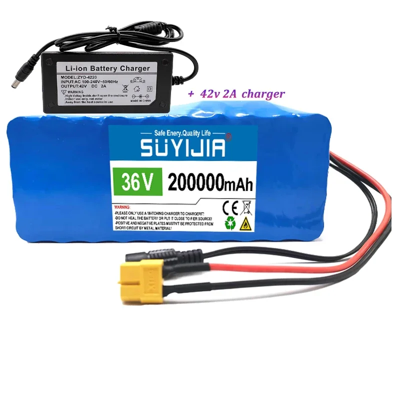 36V 200000mAh Large Capacity Rechargeable Lithium Battery Pack 18650 10S4P for Electric Bicycle Scooter Power Tools Built-in BMS