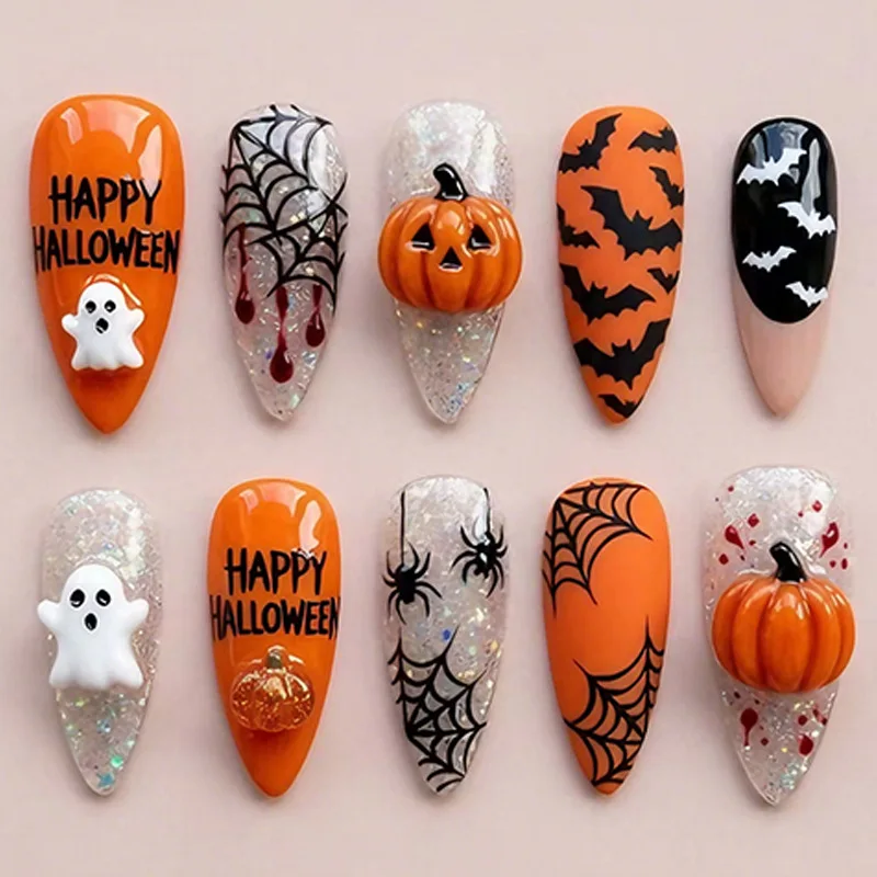 30Pcs Press-On Nails Fun Halloween-Themed Embossed Pumpkin and Spider Web Design—Perfect As A Gift for Girls or For Everyday Use