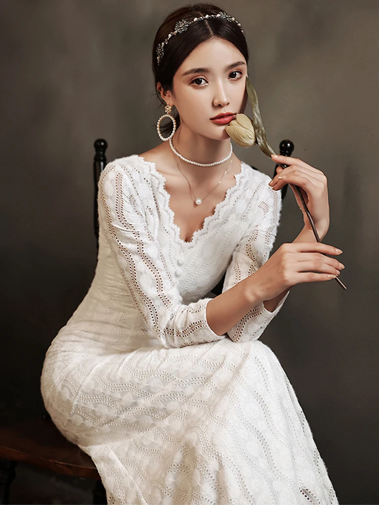 

White Fi Tail Evening Dr Women's Long Sve Wedding Dr Korean Sle mid Waist Zipper Ba Ele Evening Gown