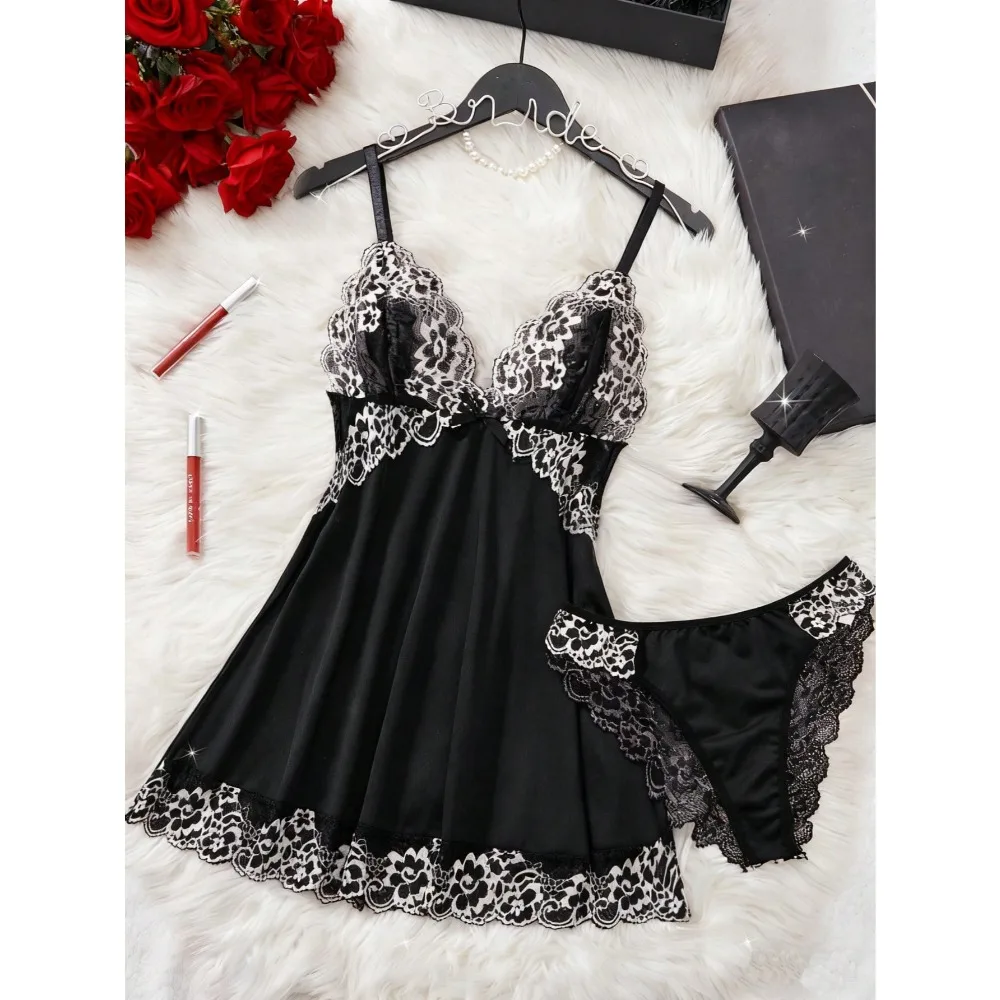 

2pcs Contrast Floral Lace Sleepwear Set, V-Neck Semi-Sheer Bow Tie Nightgown And Panties, Elegant Women Pajamas