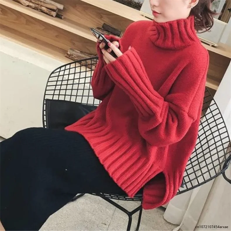 Suéter grueso de cuello alto para mujer, Jersey de punto de manga larga, color rojo, rosa y Beige, Otoño e Invierno