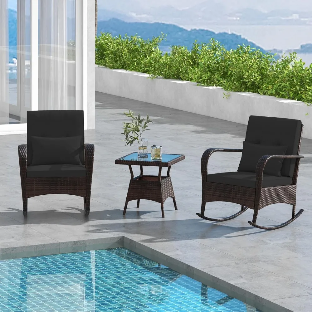 3 Pieces Rocking Bistro Set, Patiojoy Outdoor PE Rattan Rocker Chairs with Removable Cushions & Tempered Glass Top Coffee Table