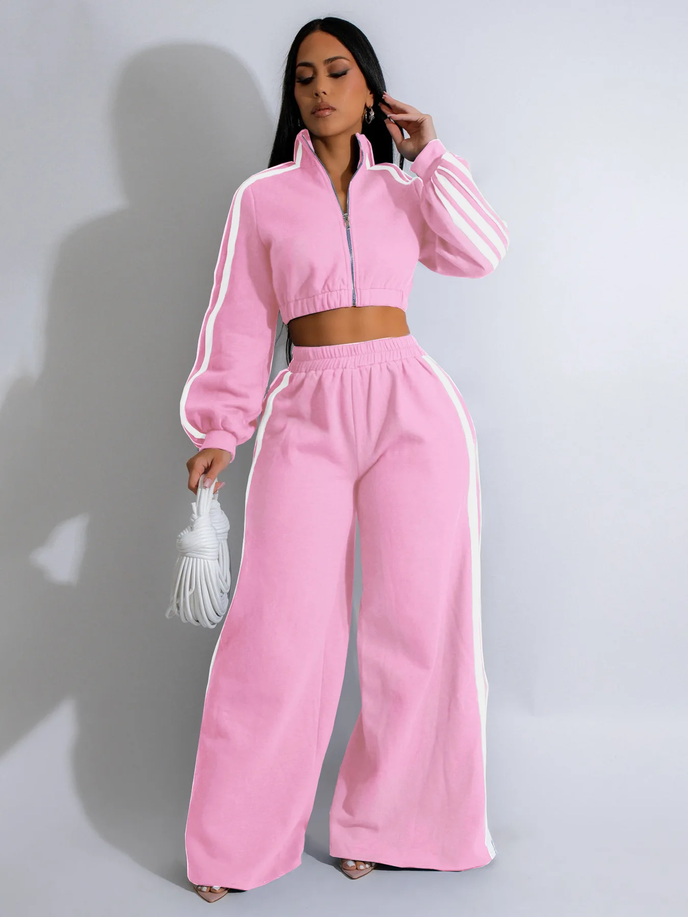 

Women Two Piece Set Sportwear Joggers Long Sleeve Zipper Jacket Top And Wide Leg Pants Suit Side Striped Casual Tracksuits Set