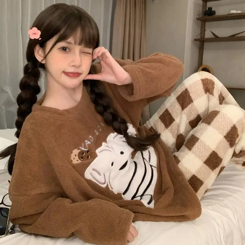 

half-pile Women's pajamas autumn winter lazy Sleepwear puppy suit fleece-lined Cotton thicken coral fleece Pajama Set homewear