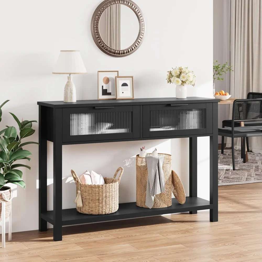 

Entryway Table, Wood Console Table with 2 Glass Drawers, 2 Tier Sofa Table with Storage for Living Room, Foyer Tables for
