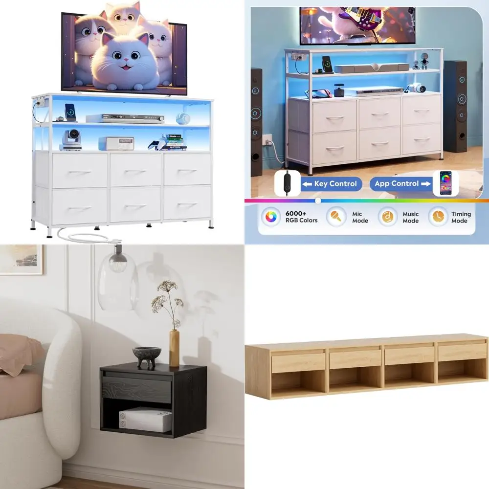 

Развлекательный центр для телевизоров с диагональю 40–45 дюймов: медиаконсольный стол со светодиодной подсветкой, зарядной станцией и 6 полками для хранения.