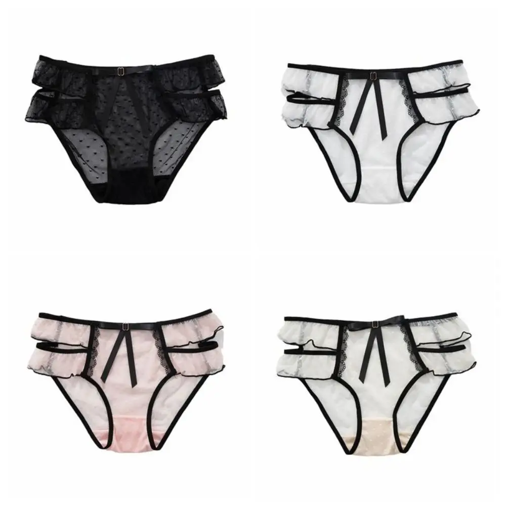 Ribbon Bow Lace Mesh Bowknot Panties Underpants Dots Women's Lace Transparent Briefs Women Lingeries Ruffle