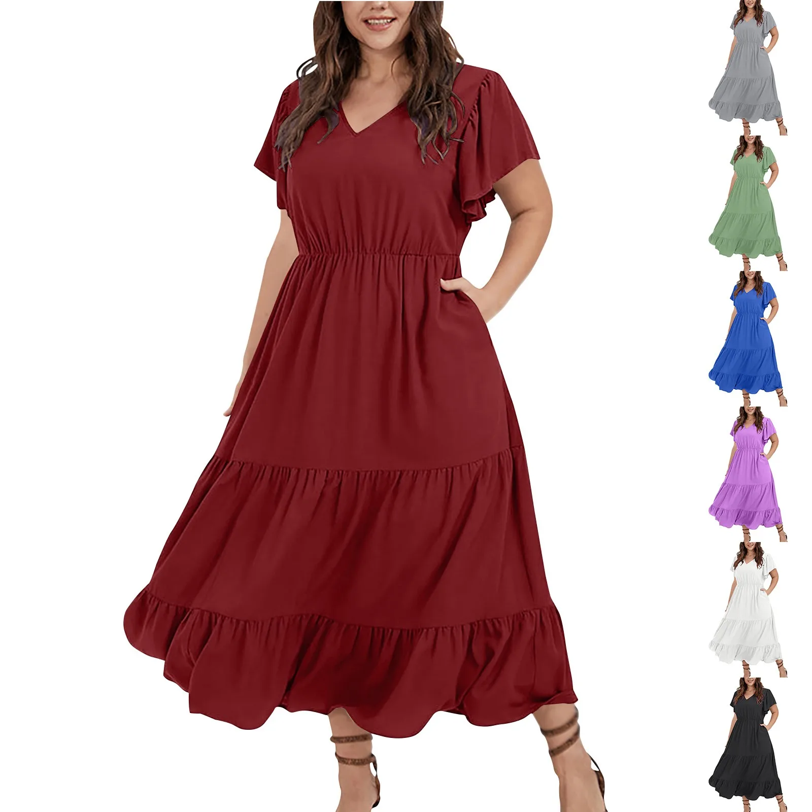 Plus Size Vintage Solid Color V-neck Ruffle Short Sleeve Large Hem Long Skirt For Women Summer Comfort Daily Date Beach Dress