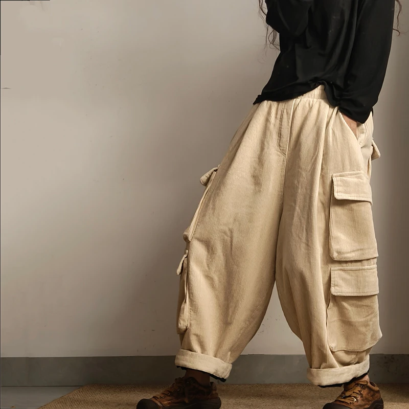 

European Style 2025 New Arrival Autumn Women Ankle-length Pants Casual Loose Cotton Corduroy Elastic Waist Cargo Pants Y109
