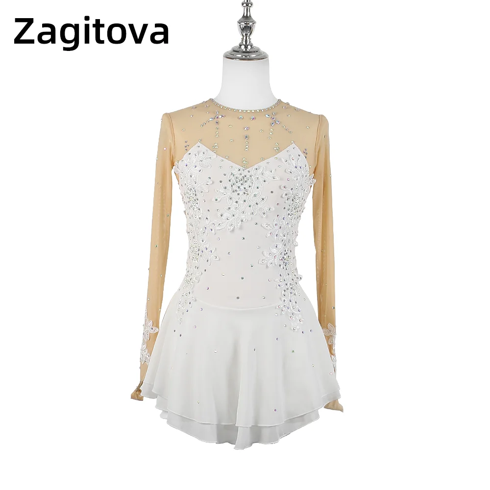 

Zagitova Figure Skating Dress Women Girls Ice Skating Skirt White Three-dimensional Flower Lace Shiny Diamond Mesh Skirt