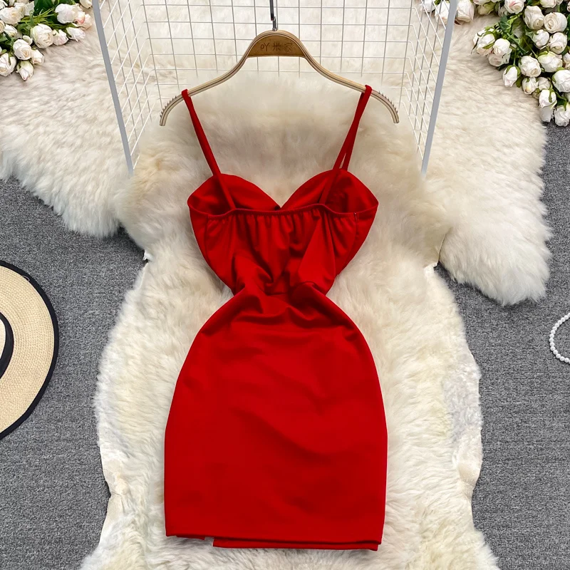 Sexy Spaghetti Strap Dress Women\'s New Summer Korean Fashion Side Slit Hip Wrap Mini Short Bodycon Office Dress For Girl Work OL