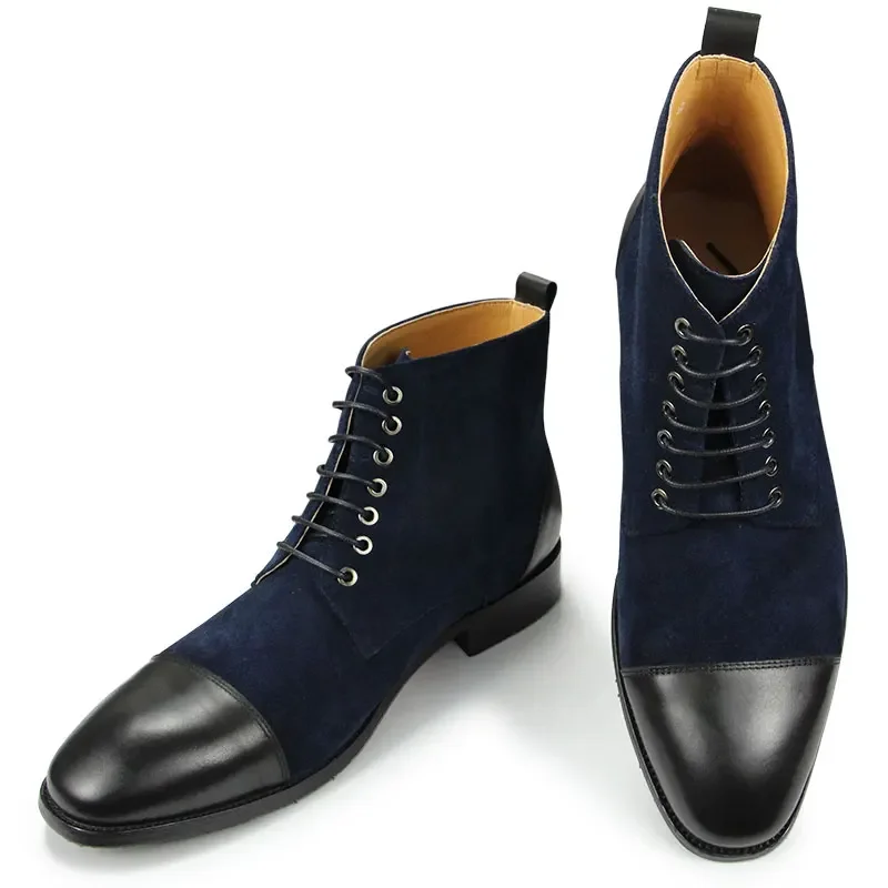 Shoes High quality navy blue Work Pointed footwear service Formal Suede genuine splicing leather men‘s boots half