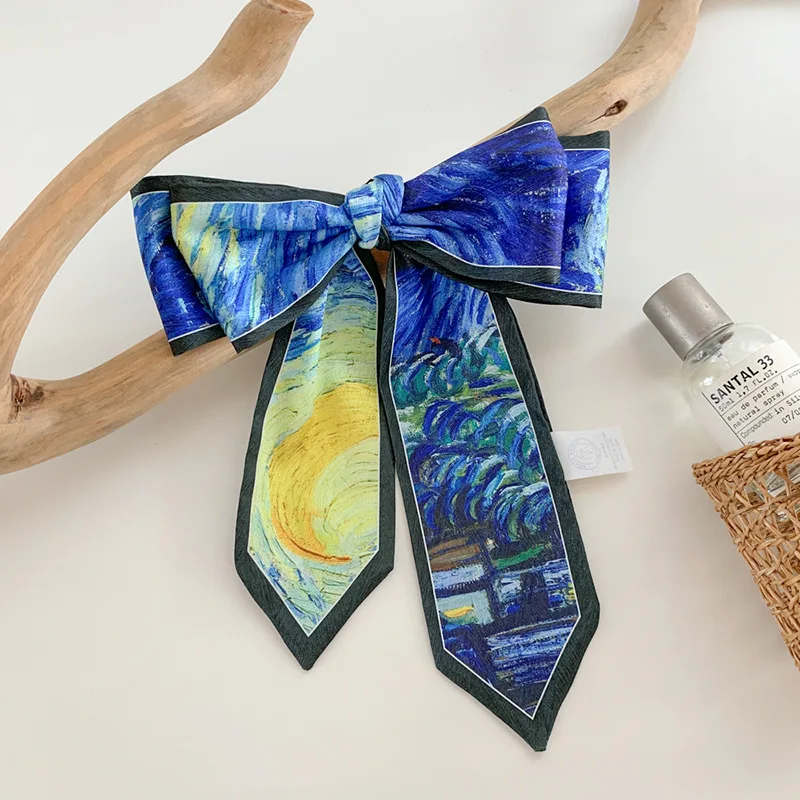 6.5X125cm Polyester ipek kurdele Van Gogh gökyüzü mavi boyama sanatçı tasarım DIY papyon yaz paketi eşarp için saç bandı moda bölüm