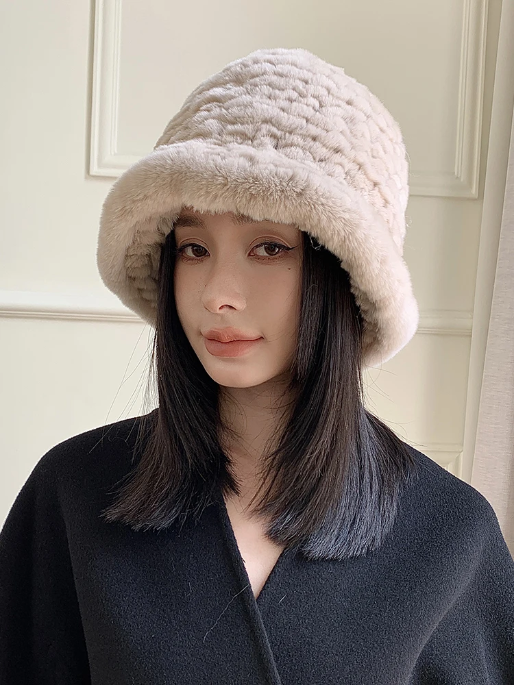 

New Genuine Real Natural Rex Rabbit Fur Hat Cap Luxury Women Handmade Knitted Fashion Winter Headwear Warm Buckets Hats