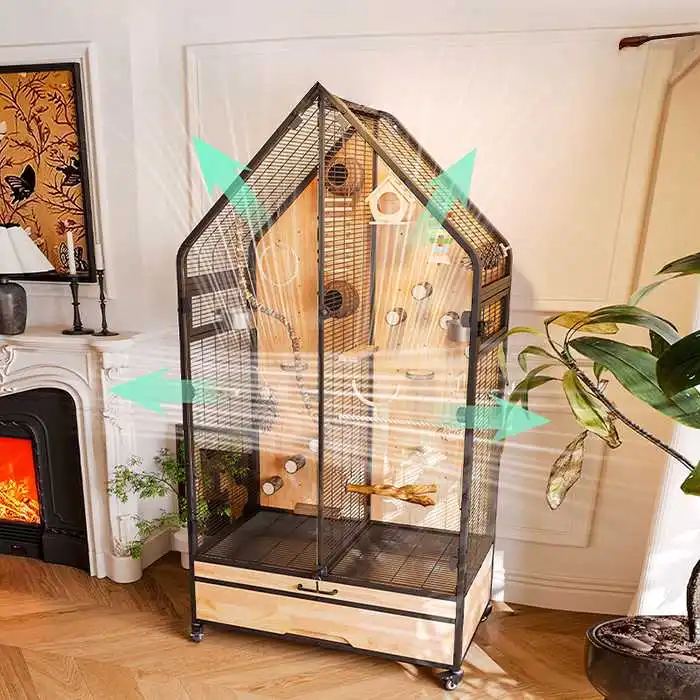 Luxury Bird Cage Villa Large Space Movable Solid Wood Iron Glass Panoramic Bird Nest Wooden House
