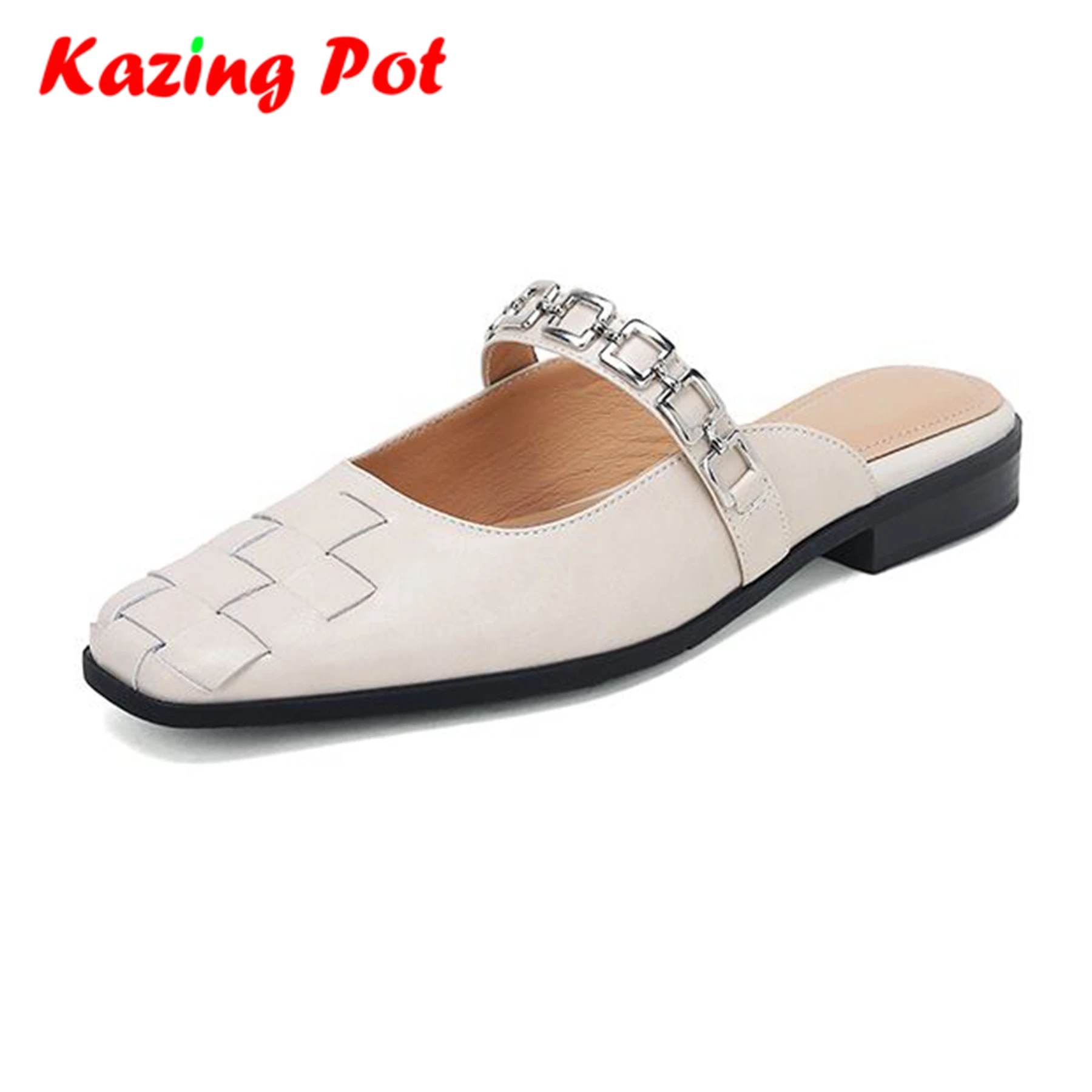 

Krazing Pot Full Grain Leather Mules Summer Shoes Slip On Cozy Square Toe Women Weaving Metal Chains Fashion Outside Slippers