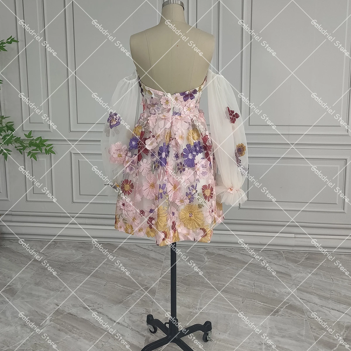 Mini robe de Rhbrodée à manches longues, sur mesure, fleurs d'andr, dentelle 3D, sans bretelles, chérie au-dessus du genou, robe de soirée cocktail