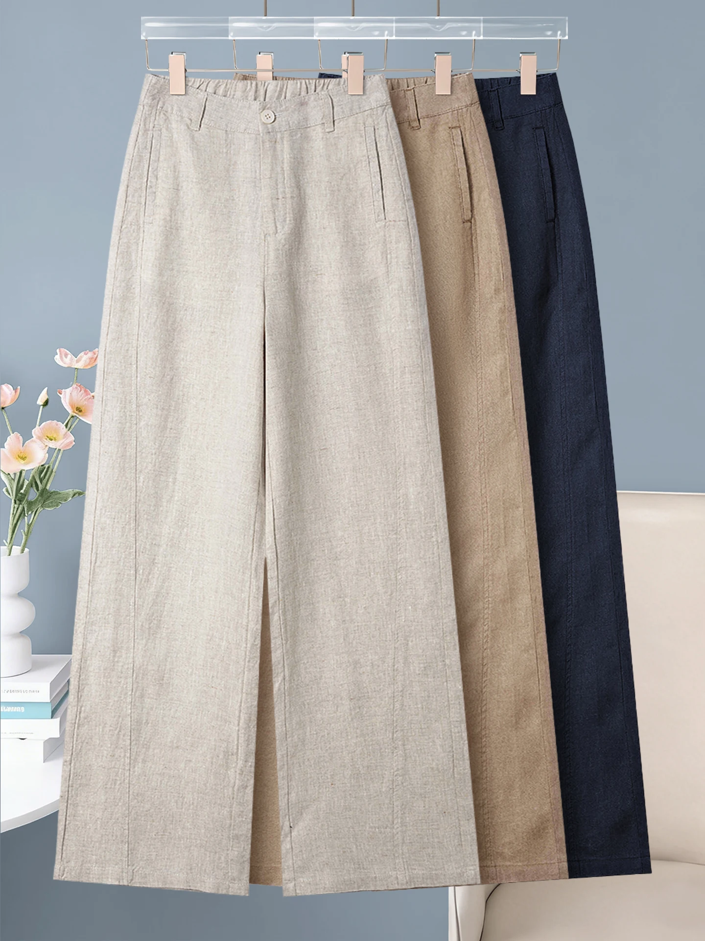 

High Waist Straight Leg Pure Linen Wide Leg Pants Summer Thin Cotton Linen Casual Loose Fit Sun Protection Women's Trousers