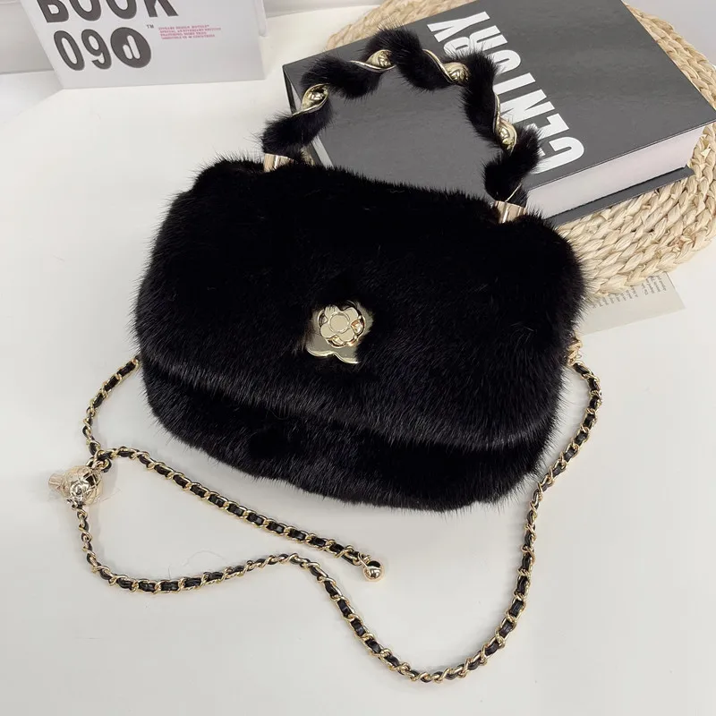 Real Mink Fur Bag Winter Natural Fur Bag For Women Single Shoulder Chain Bag Fashion Crossbody Handbag Luxury Evening Party Bag