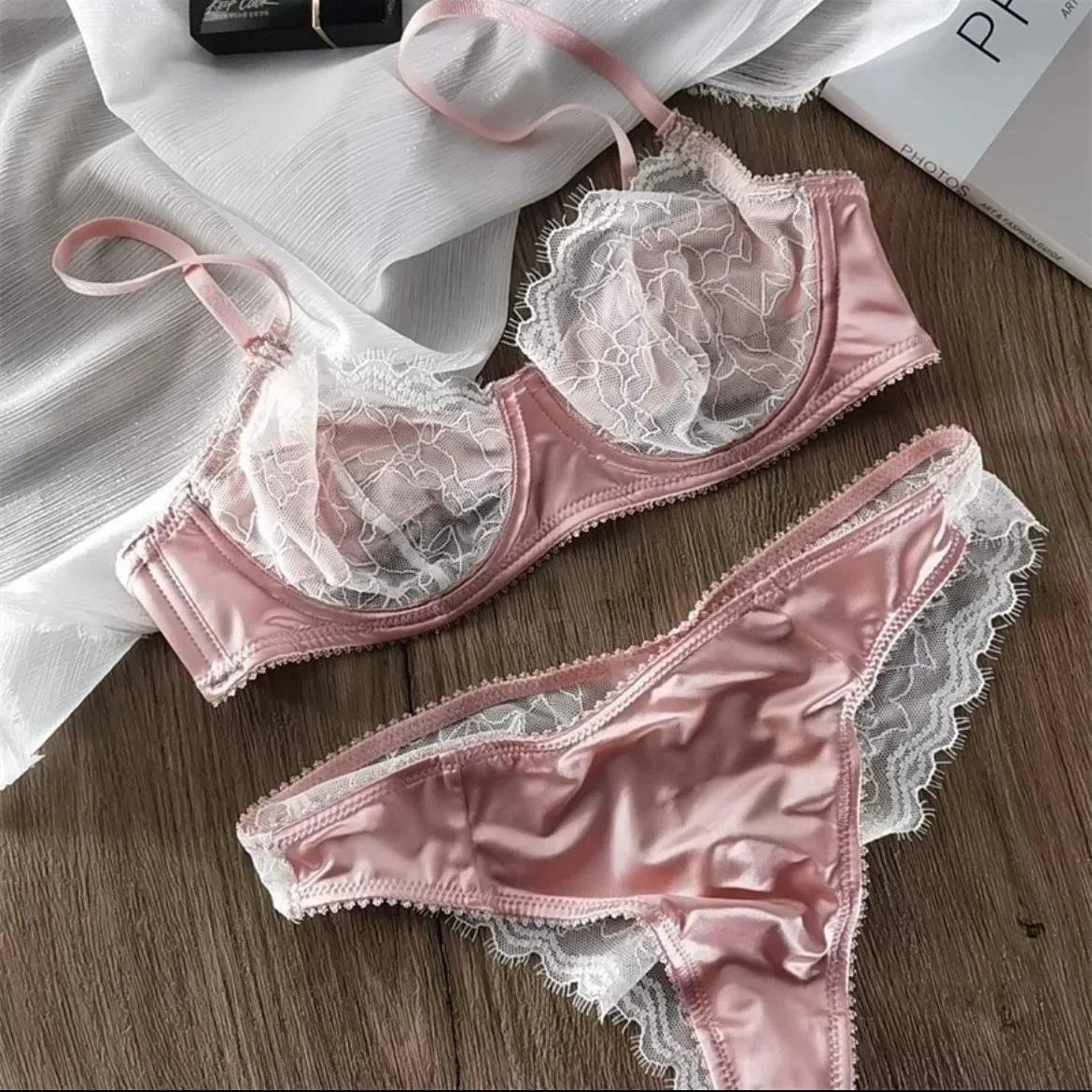 Sexy Women Underwear Set French Ultra Thin Bra Set Patchwork Silk Lingerie Comfortable Breathable Underwie Bras and Panties Set