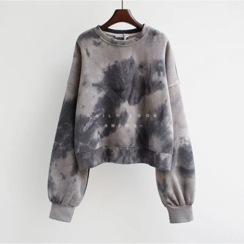 2023 New Spring and Autumn Trend Fried Street Tie Dyed Round Neck High Waist Korean Version Loose Casual Short Women's Sweater