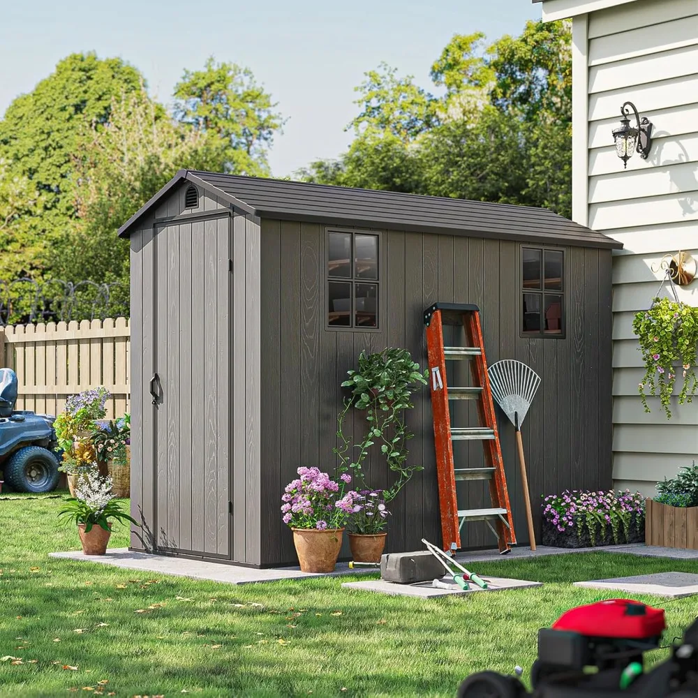 4 x 8 FT Plastic Outdoor Storage Shed with Floor, Resin Outside Shed with Windows and Lockable Door for Backyard Garde