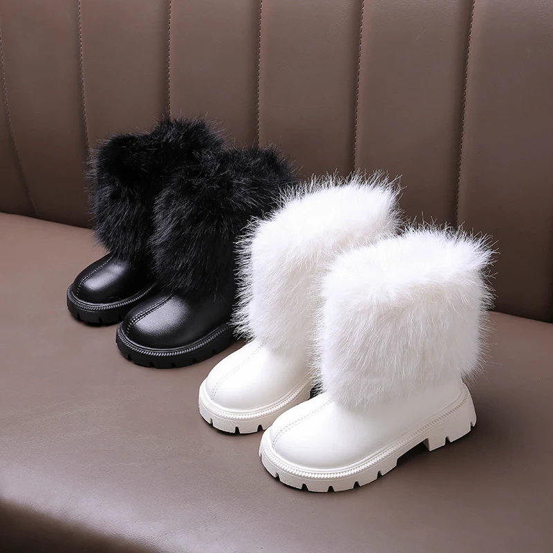 

Girl Warm Faux Fur Mid Calf Boots 2025 Winter Comfort Non Slip Thick Bottom Boots Fashion Solid Long Plush Booties