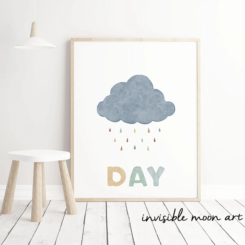 Boho Nursery Sunshine Rainbow Cloud Heart Playroom Sign Play All Day Art Poster Canvas Painting Wall Prints Picture Home Decor