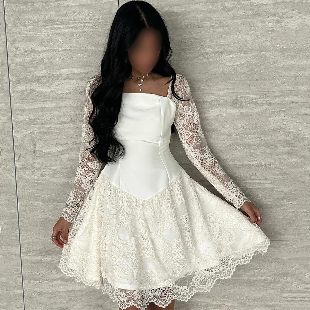 

Customized Pure Color White Square Collar Evening Dress ILLUSION Full Lace Sleeve A-line Party Dress Above Knee Length Prom Gown