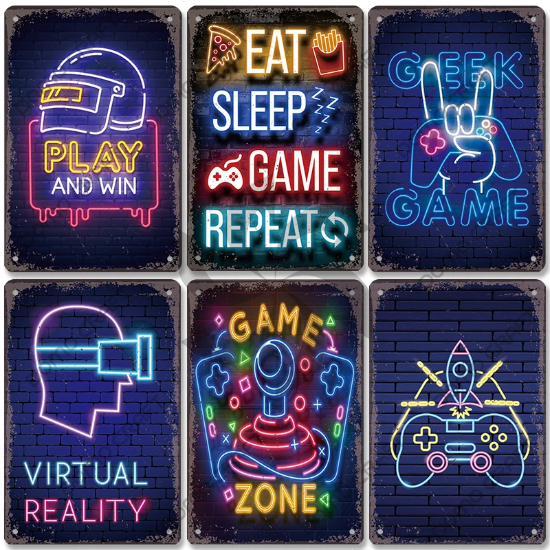 

Neon Video Game Poster Metal Plate Gamer Play Win Game Zone Metal Tin Signs Retro Wall Decor Game Room Bar Pub Man Cave