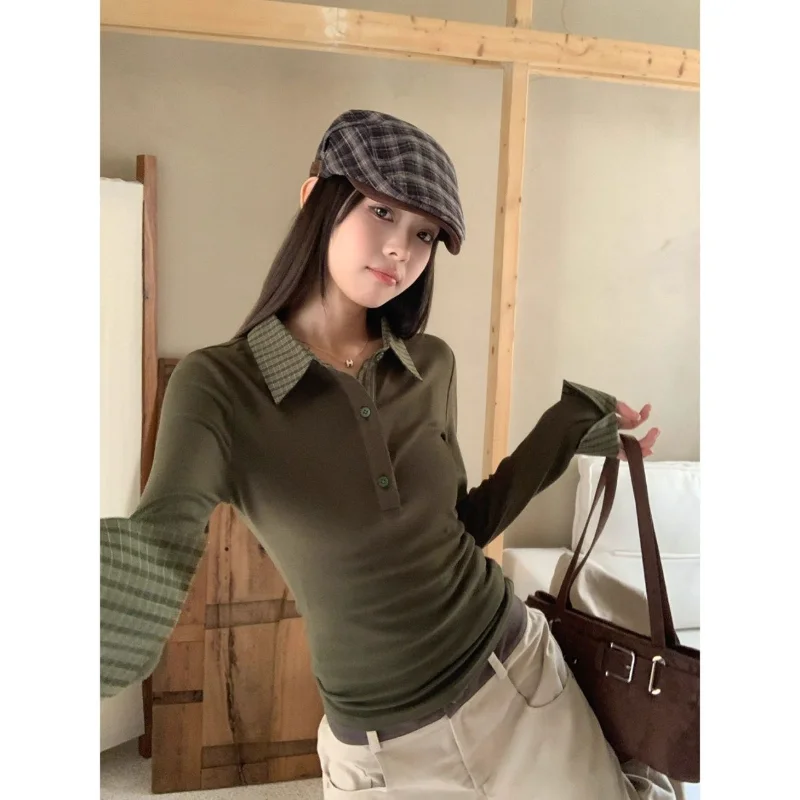 Women Contrast Plaid Collar Long Sleeve Top Fake Two Piece Slim Fit Knit Layering Autumn Casual T Shirts Blouse