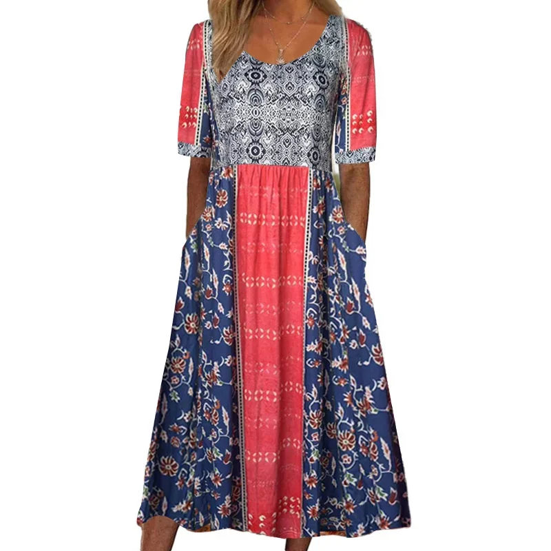 Elegante vestido estampado boêmio feminino, manga curta, plissado, bainha grande, verão, casual, feriado, fêmea, vestido longo de cintura alta, 2024