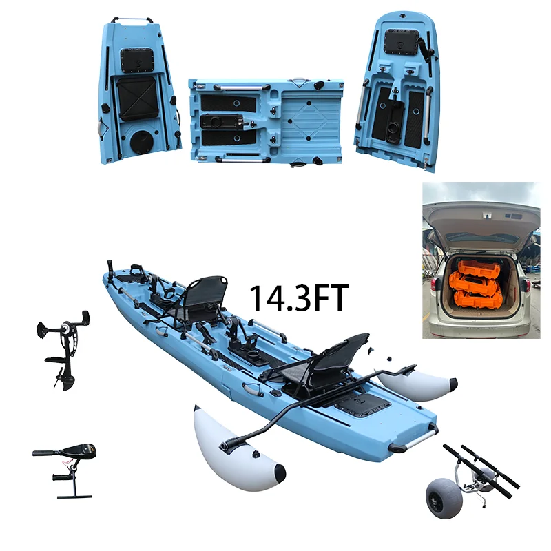 

Разборное модульное каноэ-каяк из HDPE-материала длиной 9,7 футов, 3-секционное, с педальным приводом, съемным рыболовным мотором и поплавком
