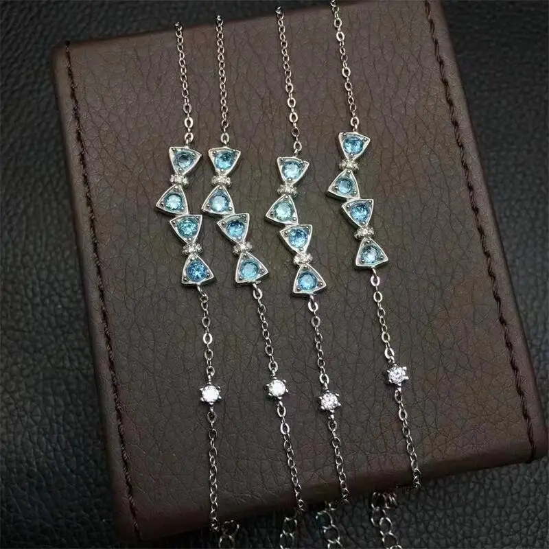 

S925 Natural Blue Topaz Bow Pendant Bracelet Crystal Fashion Bangles Women Healing DIY for Girls Ladies Jewelry 1PCS