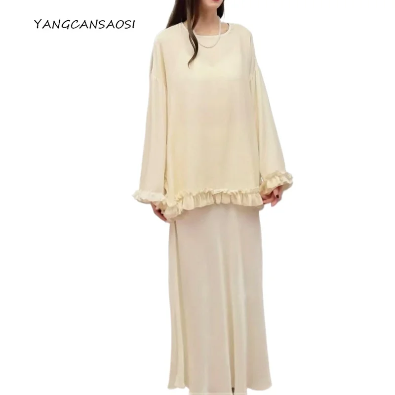 

2025 женская модная осенняя новинка, 30% натуральная шелковая бархатная футболка с круглым вырезом и длинными рукавами, белая футболка с рюшами по краям