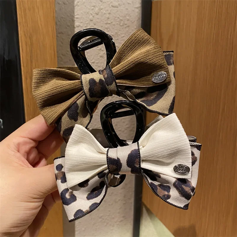 

French Leopard Print Bow Clips for Women Shark Clip Barrettes Hairpins Elegant Ponytail Clip Headwear Hair Accessories