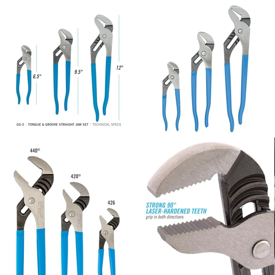 

3pc Tongue and Groove Pliers Set - Laser Heat-Treated Teeth, High Carbon Steel - 6.5", 9.5", 12
