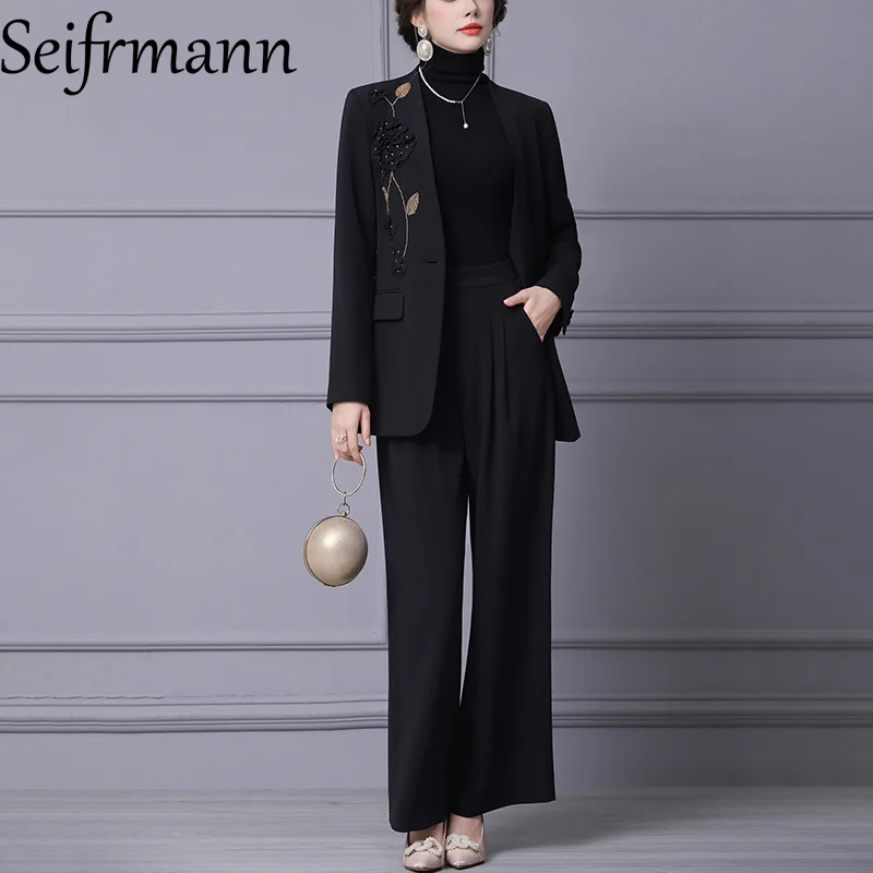 

Seifrmann 2026 Spring Women's New Fashion V-neck Long sleeved Nail Beaded Suit Coat+Wide Leg Pants Two Piece Set