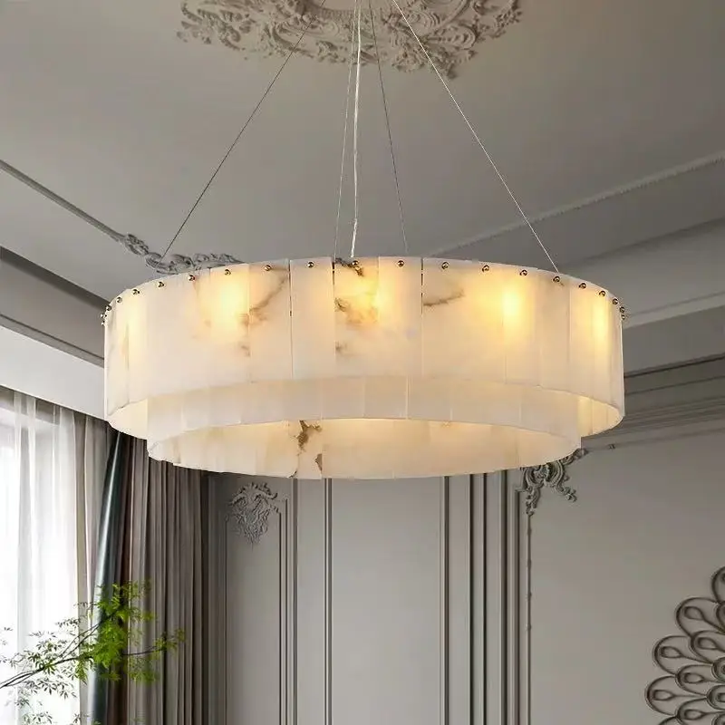 

2025 Contemporary Spanish Marble Chandelier Single Double Layer Brass Round Three Color Pendant Lamp Ceiling Light Bedroom
