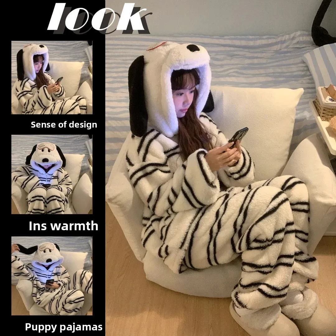 

Cute Kawaii Dog Hoodie Coral Fleece Pajamas Set Women Winter Thickened Plus Size Homewear Cartoon Animal Loungewear
