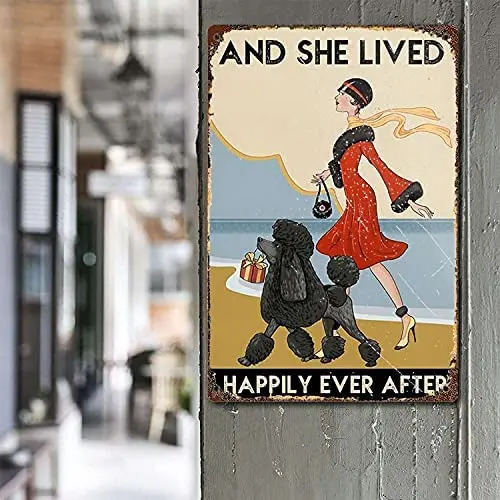 Black Poodle Lovers and She Lived Happily Coffee Shop Wall Art Decor Retro Metal Sign Plaque Poster Cafe Wall Art gift