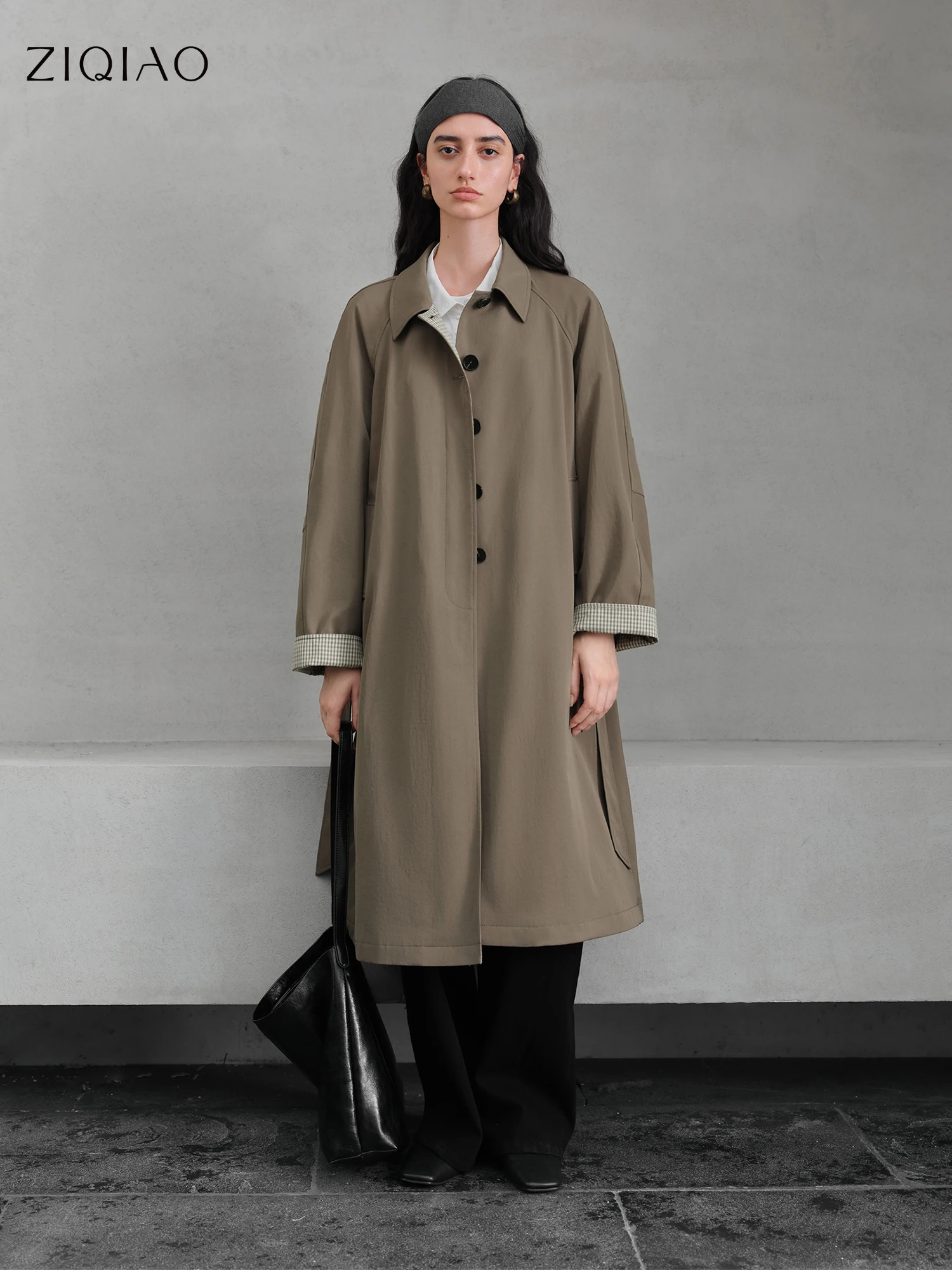 

ZIQIAO Plaid British Style Trench Coat Women 2025 Autumn New Retro Mid-length Coat Fashionable All-match Commuting 25ZQ93065