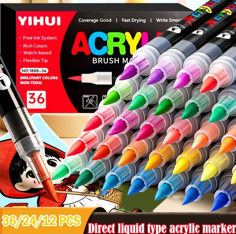 36/24/12 Color Direct Liquid Acrylic Marker Set, Large Capacity Ink Professional-Grade Painting Pens and Graffiti Pens, Suitable for Rock Painting, Glass, Plastic, Fabric, Stone, Pumpkin Decoration, Wood, and Ceramics - Professional Art Use