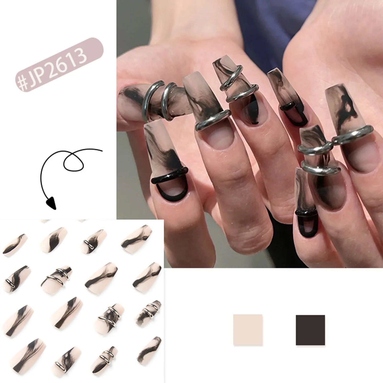 24pcs Frosted Press-on Nail Nude Color Black Vague Dying Artificial Nail for Hand Decoration Nail Art